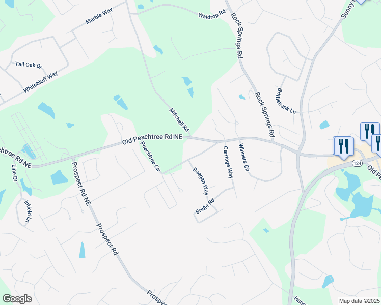 map of restaurants, bars, coffee shops, grocery stores, and more near 1588 Peachtree Circle in Lawrenceville