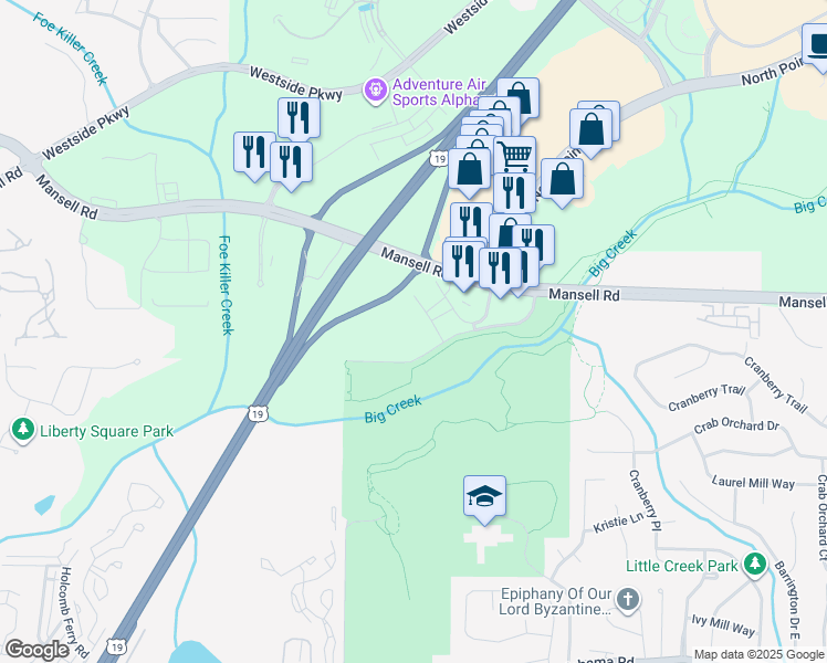 map of restaurants, bars, coffee shops, grocery stores, and more near 1213 Beaver Creek Road in Alpharetta