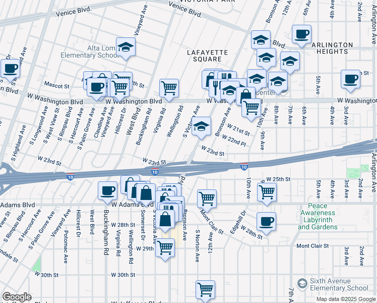 map of restaurants, bars, coffee shops, grocery stores, and more near 2321 Crenshaw Boulevard in Los Angeles