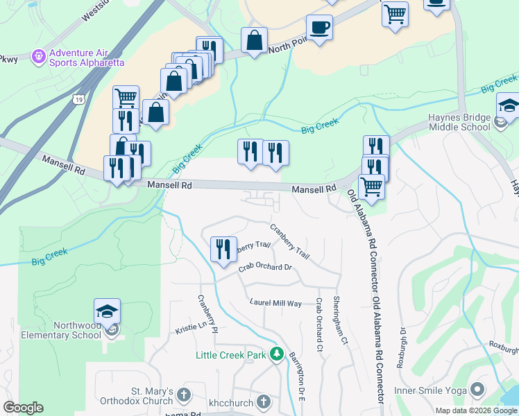 map of restaurants, bars, coffee shops, grocery stores, and more near 1020 Jardin Court in Alpharetta
