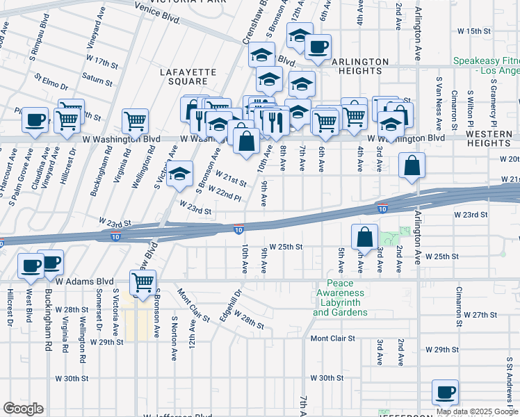 map of restaurants, bars, coffee shops, grocery stores, and more near 2223 9th Avenue in Los Angeles