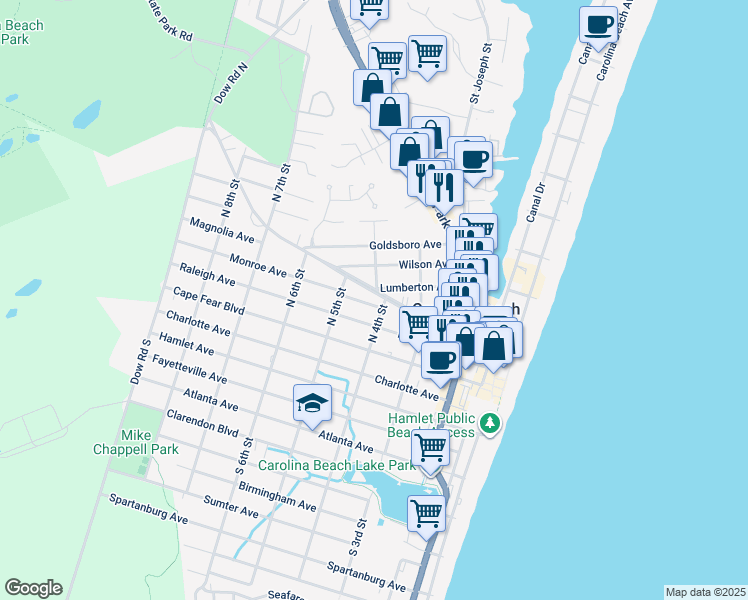 map of restaurants, bars, coffee shops, grocery stores, and more near 403 Harper Avenue in Carolina Beach