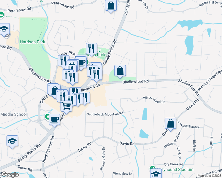 map of restaurants, bars, coffee shops, grocery stores, and more near 3301 Keenland Road in Marietta