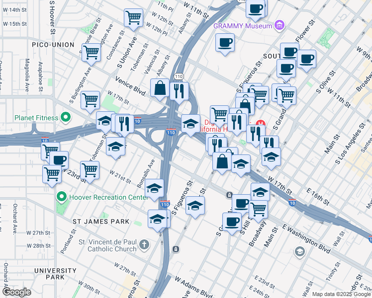 map of restaurants, bars, coffee shops, grocery stores, and more near 647 West 18th Street in Los Angeles