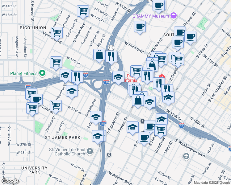 map of restaurants, bars, coffee shops, grocery stores, and more near 647 West 18th Street in Los Angeles