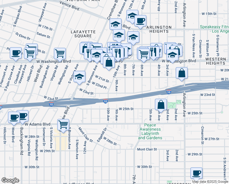 map of restaurants, bars, coffee shops, grocery stores, and more near 2223 9th Avenue in Los Angeles