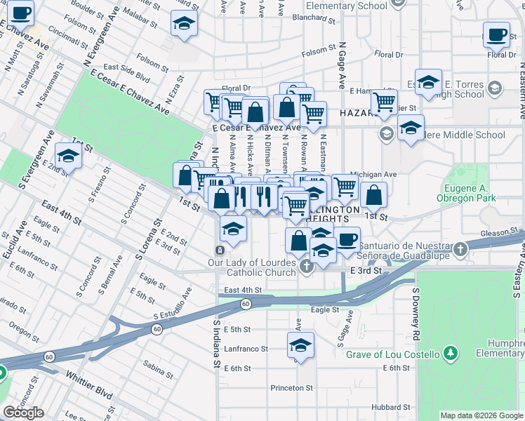 map of restaurants, bars, coffee shops, grocery stores, and more near 3583 1st Street in Los Angeles