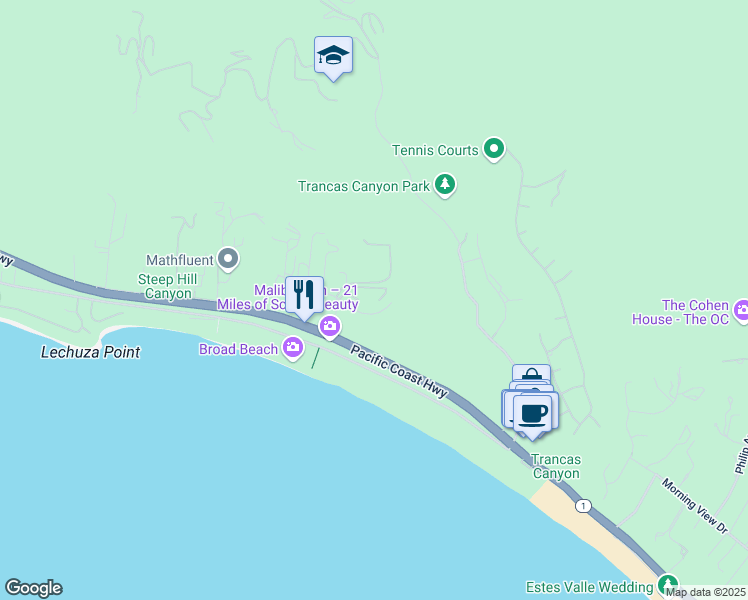 map of restaurants, bars, coffee shops, grocery stores, and more near 31203 Bailard Road in Malibu