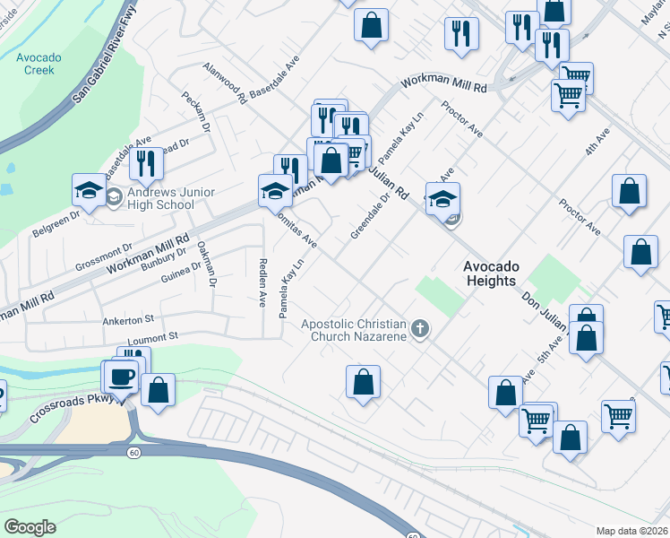 map of restaurants, bars, coffee shops, grocery stores, and more near 13744 Lomitas Avenue in La Puente