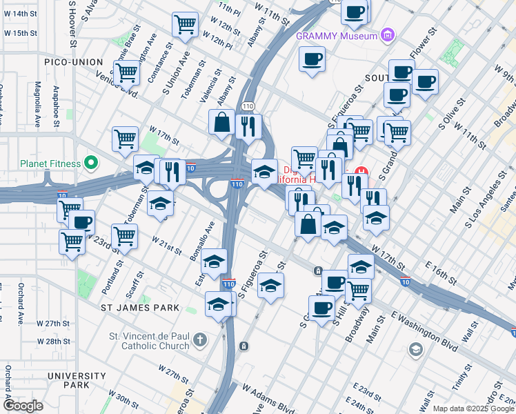 map of restaurants, bars, coffee shops, grocery stores, and more near 647 West 18th Street in Los Angeles