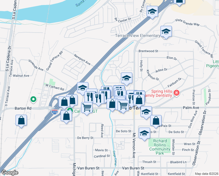 map of restaurants, bars, coffee shops, grocery stores, and more near 22528 Canal Circle in Grand Terrace