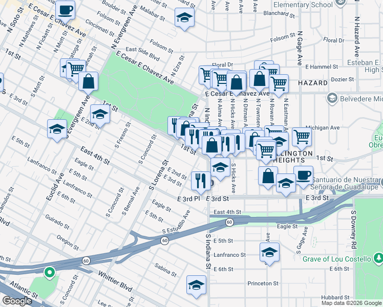 map of restaurants, bars, coffee shops, grocery stores, and more near 3442 1st Street in Los Angeles