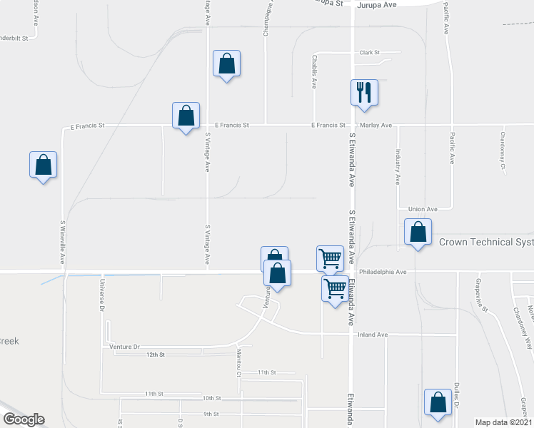 map of restaurants, bars, coffee shops, grocery stores, and more near 2151 South Vintage Avenue in Ontario