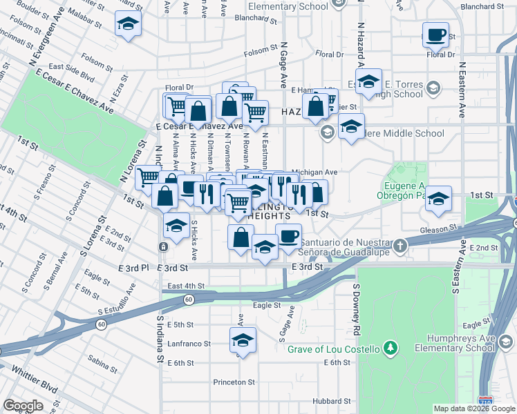 map of restaurants, bars, coffee shops, grocery stores, and more near 3723 1st Street in Los Angeles