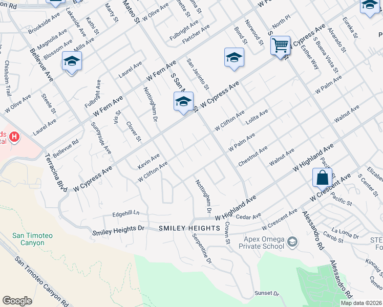 map of restaurants, bars, coffee shops, grocery stores, and more near 702 Greenwood Court in Redlands