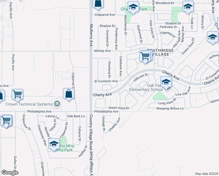 map of restaurants, bars, coffee shops, grocery stores, and more near 13836 Mesquite Drive in Fontana