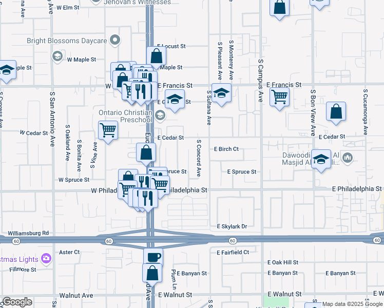 map of restaurants, bars, coffee shops, grocery stores, and more near 2034 South Cherry Avenue in Ontario