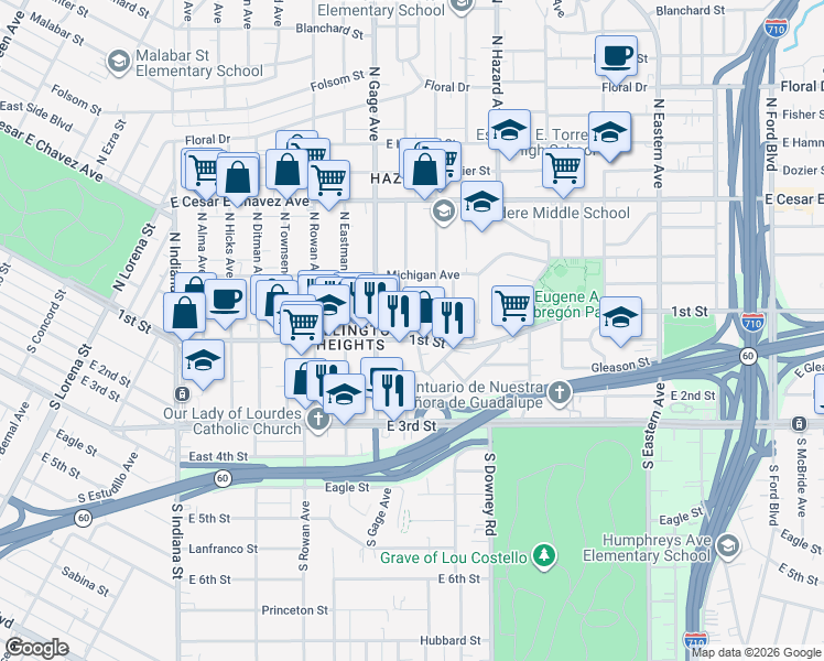 map of restaurants, bars, coffee shops, grocery stores, and more near 115 North Herbert Avenue in Los Angeles