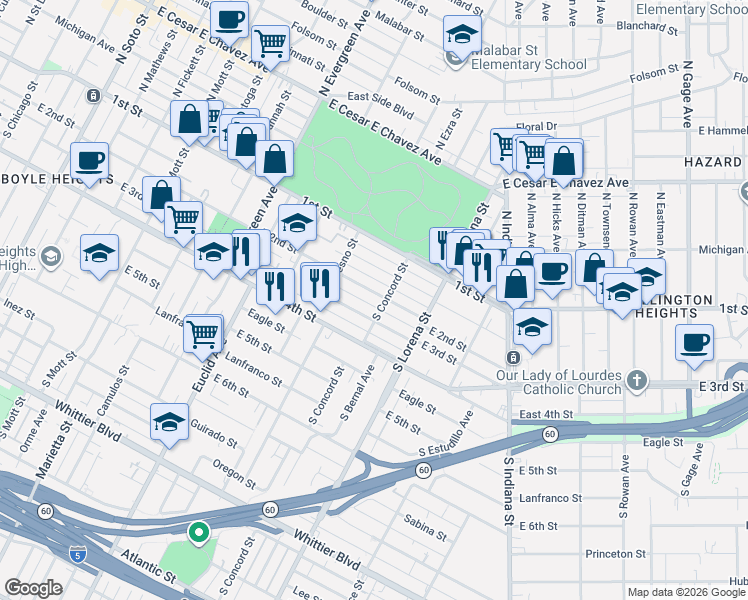 map of restaurants, bars, coffee shops, grocery stores, and more near 3242 East 2nd Street in Los Angeles