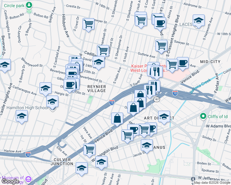 map of restaurants, bars, coffee shops, grocery stores, and more near 2618 South Halm Avenue in Los Angeles