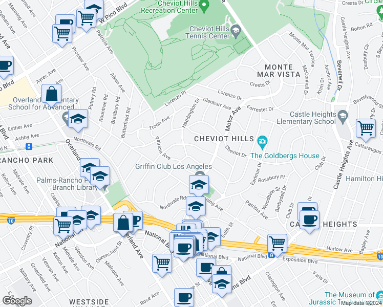 map of restaurants, bars, coffee shops, grocery stores, and more near 10357 Bannockburn Drive in Los Angeles