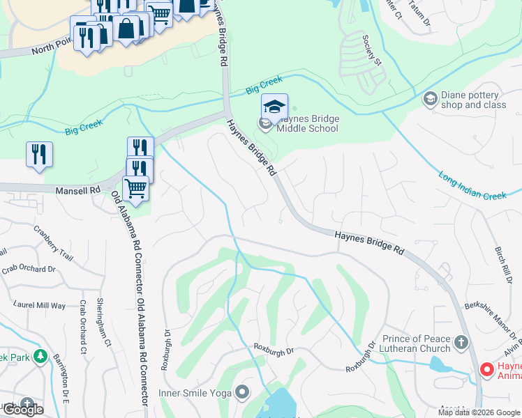 map of restaurants, bars, coffee shops, grocery stores, and more near 165 Summerfield Drive in Alpharetta