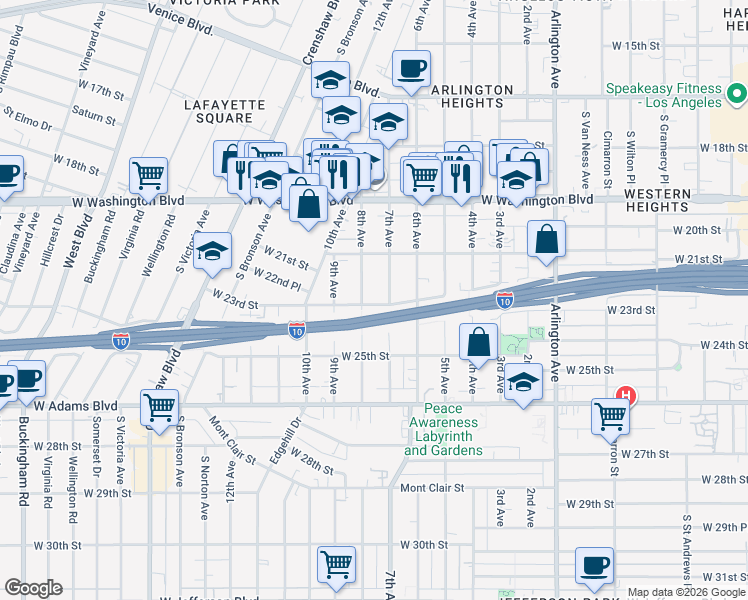 map of restaurants, bars, coffee shops, grocery stores, and more near 2214 8th Avenue in Los Angeles