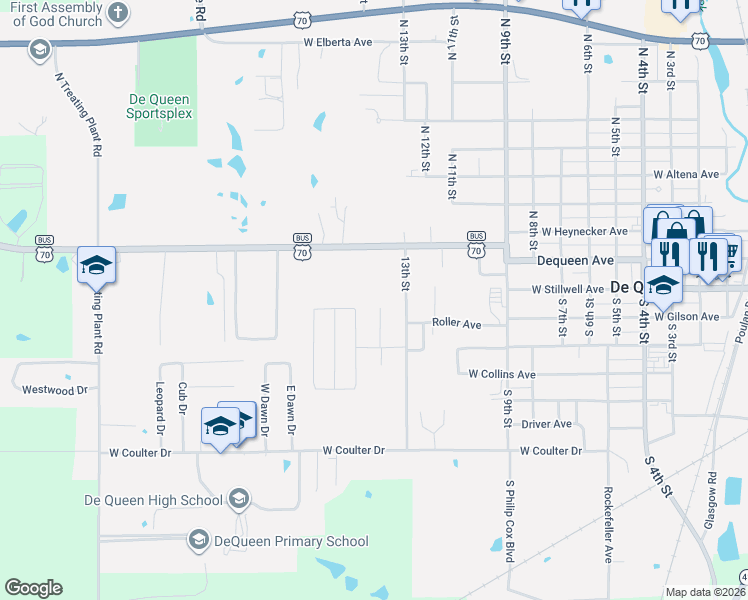 map of restaurants, bars, coffee shops, grocery stores, and more near 100 North Pine Circle in De Queen