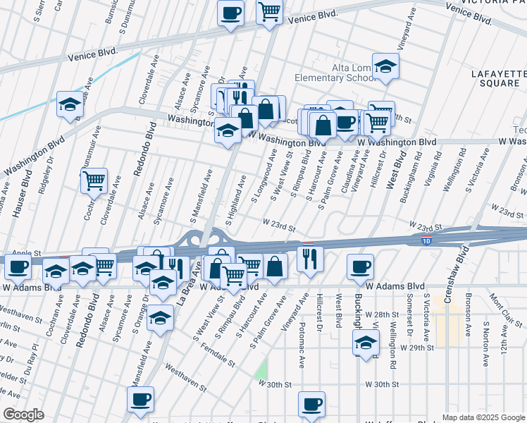 map of restaurants, bars, coffee shops, grocery stores, and more near 2153 South West View Street in Los Angeles