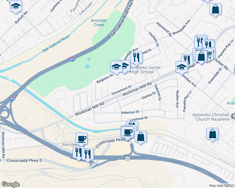 map of restaurants, bars, coffee shops, grocery stores, and more near 1263 Grossmont Drive in Whittier