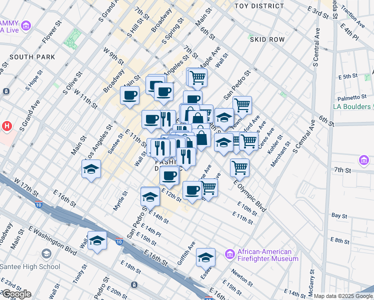 map of restaurants, bars, coffee shops, grocery stores, and more near 710 E 9th Pl in Los Angeles
