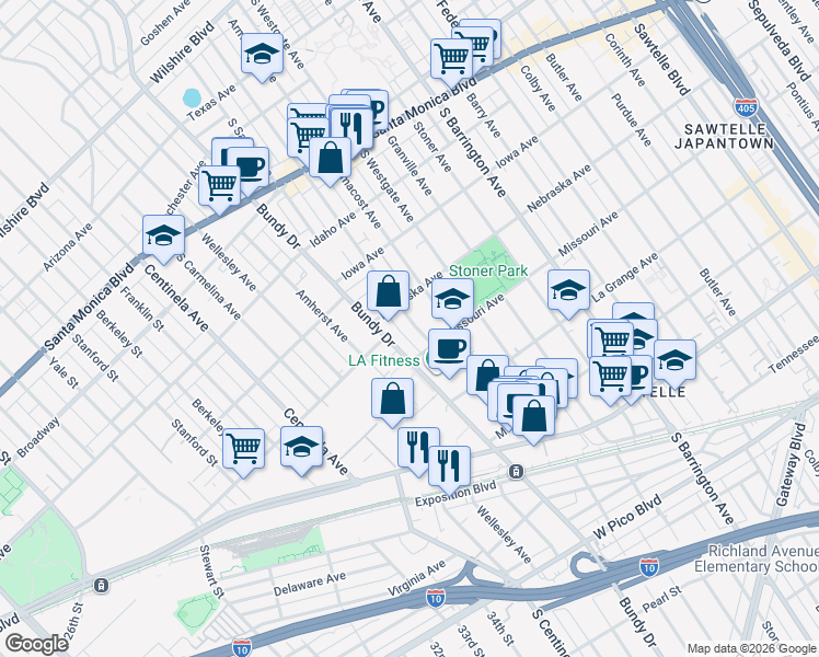 map of restaurants, bars, coffee shops, grocery stores, and more near 1833 Brockton Avenue in Los Angeles