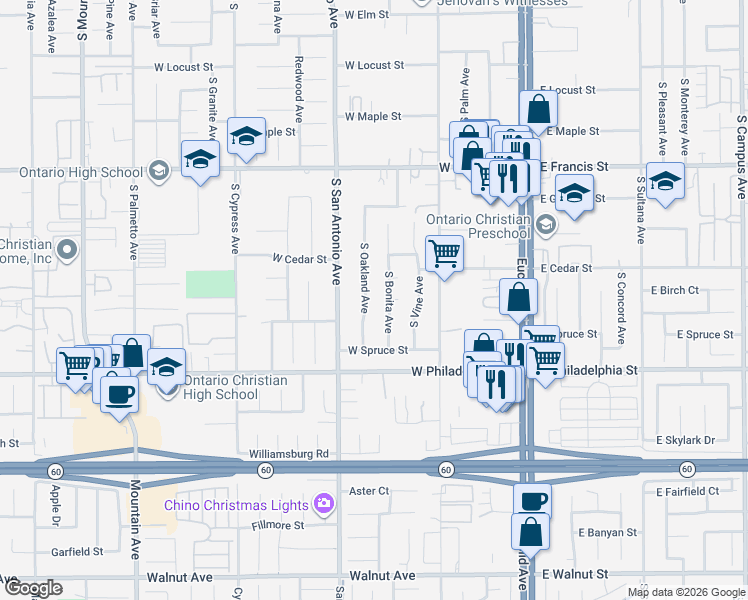 map of restaurants, bars, coffee shops, grocery stores, and more near 2041 South Oakland Avenue in Ontario
