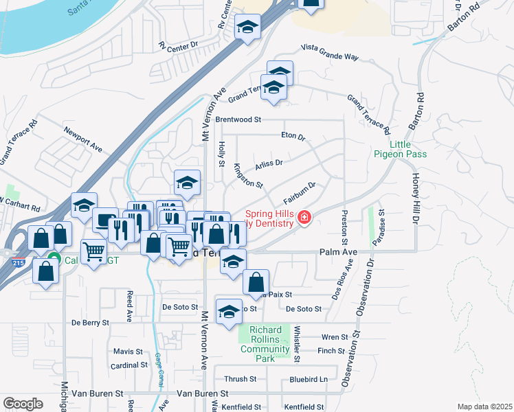 map of restaurants, bars, coffee shops, grocery stores, and more near 22655 Minona Drive in Grand Terrace