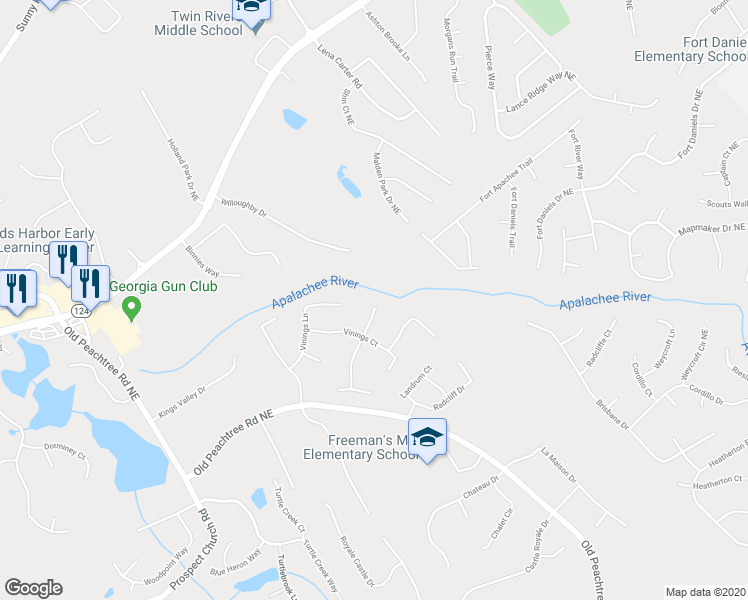 map of restaurants, bars, coffee shops, grocery stores, and more near 2182 Paces Vale Place in Lawrenceville