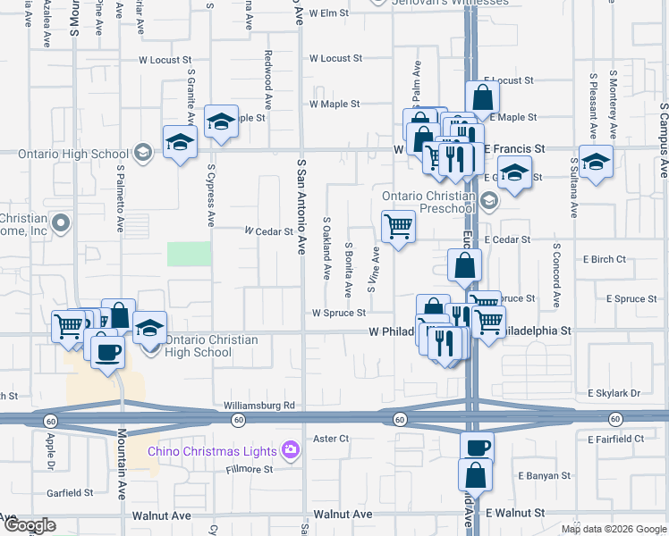 map of restaurants, bars, coffee shops, grocery stores, and more near 2041 South Oakland Avenue in Ontario