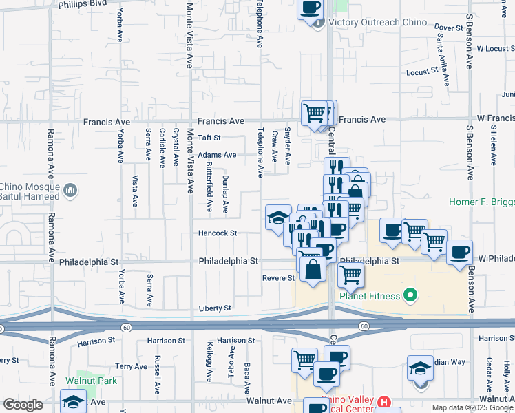 map of restaurants, bars, coffee shops, grocery stores, and more near 11940 Telephone Avenue in Chino