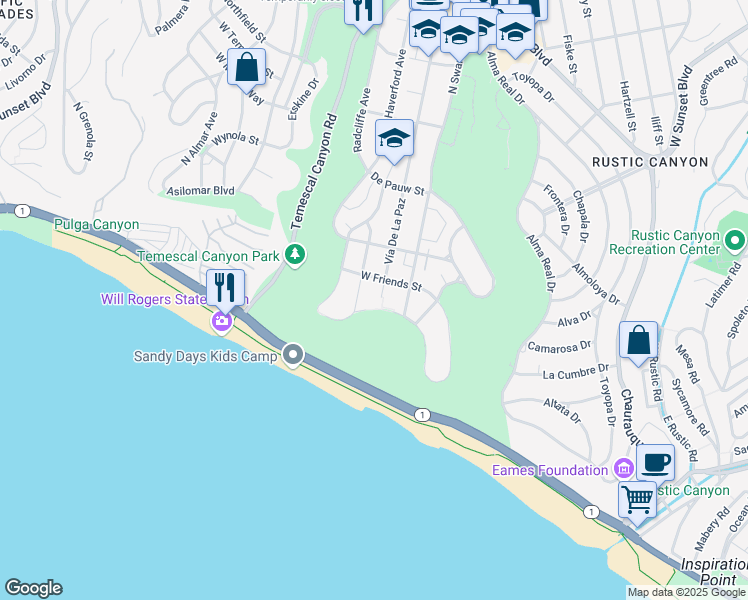 map of restaurants, bars, coffee shops, grocery stores, and more near 315 Vía De La Paz in Los Angeles
