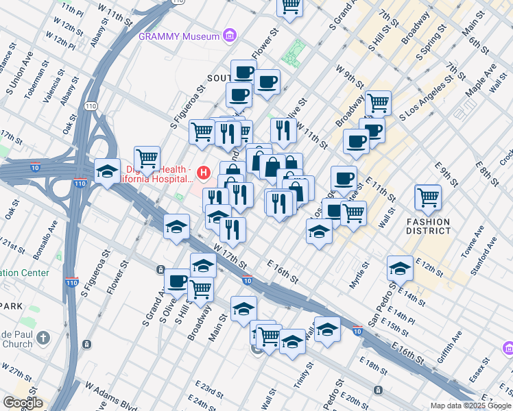map of restaurants, bars, coffee shops, grocery stores, and more near 1340 South Hill Street in Los Angeles