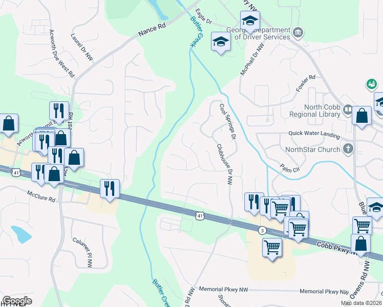 map of restaurants, bars, coffee shops, grocery stores, and more near 431 2 Iron Trail Northwest in Kennesaw