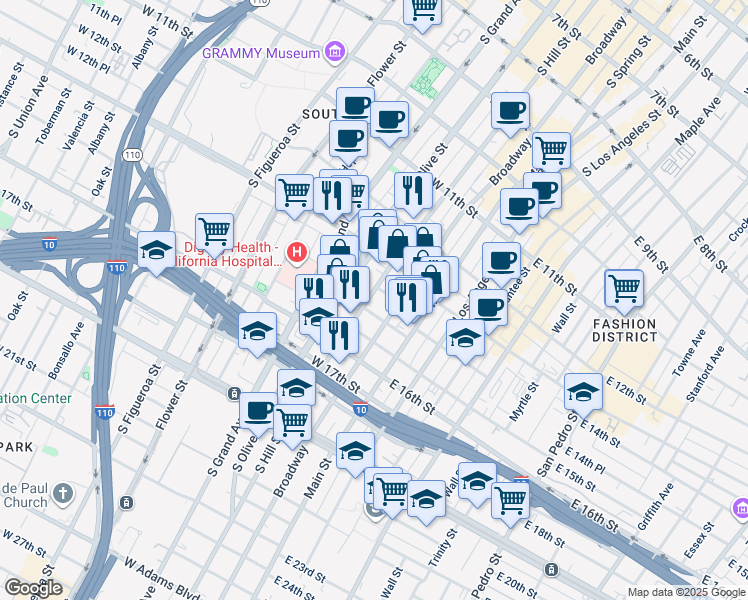 map of restaurants, bars, coffee shops, grocery stores, and more near 1340 South Hill Street in Los Angeles