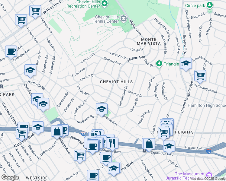 map of restaurants, bars, coffee shops, grocery stores, and more near 3024 Motor Avenue in Los Angeles