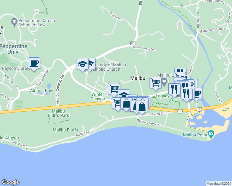 map of restaurants, bars, coffee shops, grocery stores, and more near 23901 Civic Center Way in Malibu