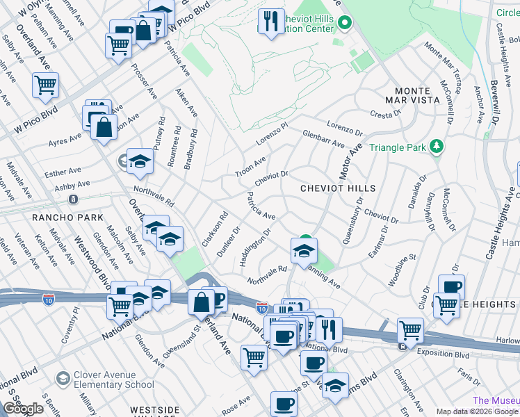 map of restaurants, bars, coffee shops, grocery stores, and more near 10450 Dunleer Drive in Los Angeles
