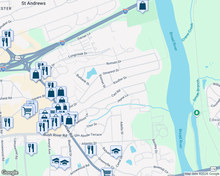 map of restaurants, bars, coffee shops, grocery stores, and more near 1614 Koulter Drive in Columbia