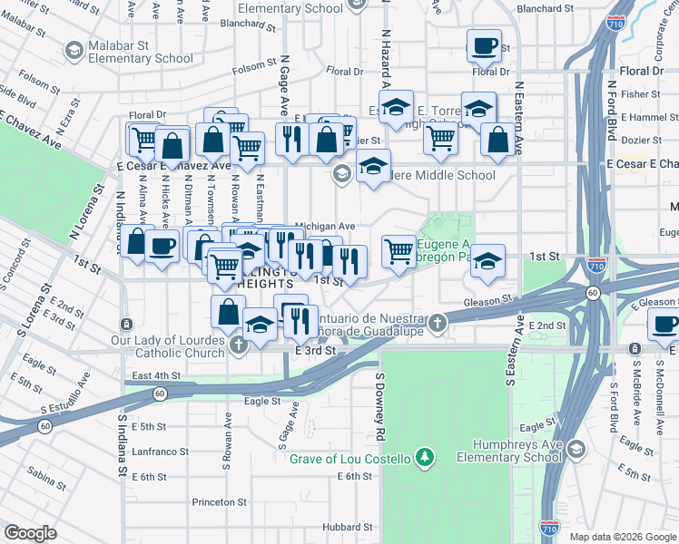 map of restaurants, bars, coffee shops, grocery stores, and more near 3869 East 1st Street in Los Angeles
