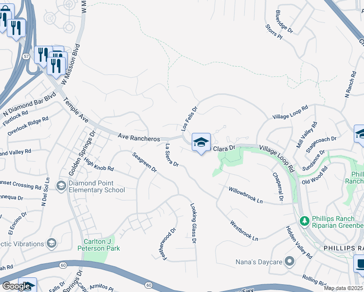 map of restaurants, bars, coffee shops, grocery stores, and more near 1377 South Diamond Bar Boulevard in Diamond Bar
