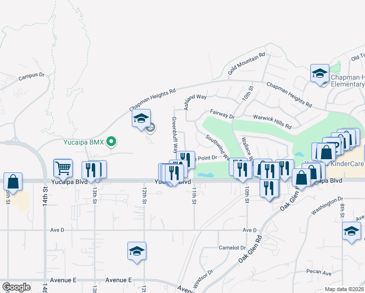 map of restaurants, bars, coffee shops, grocery stores, and more near 11962 Stovall Way in Yucaipa