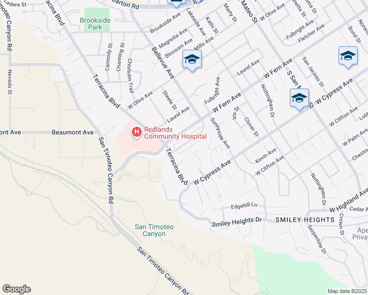 map of restaurants, bars, coffee shops, grocery stores, and more near 1615 Bellevue Road in Redlands