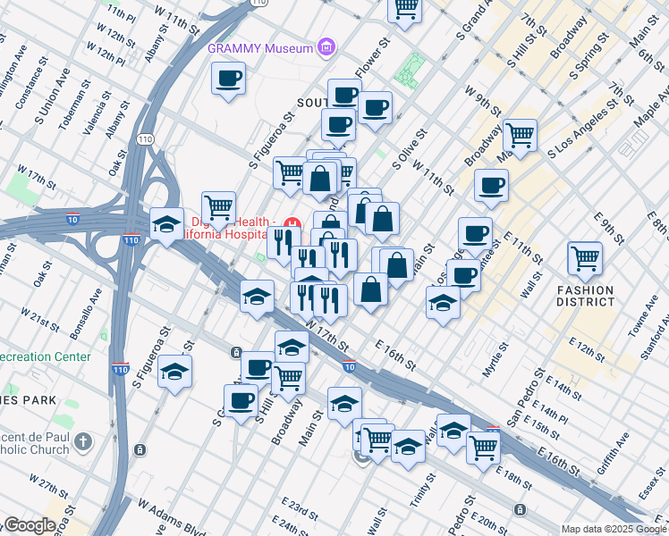 map of restaurants, bars, coffee shops, grocery stores, and more near 302 West 14th Street in Los Angeles